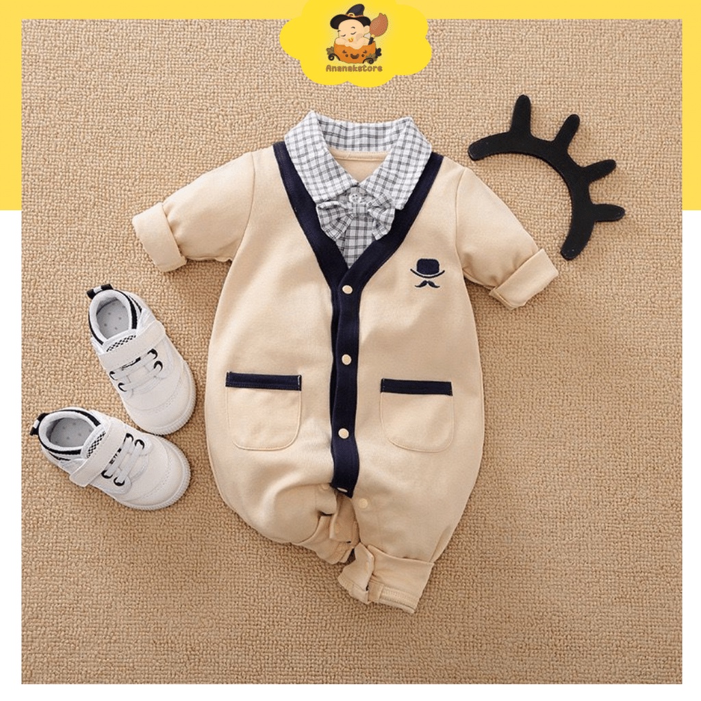 [COD] Jumper bayi lucu usia 0-18 bulan Motif cream dasi kotak abu keren Ananakstore