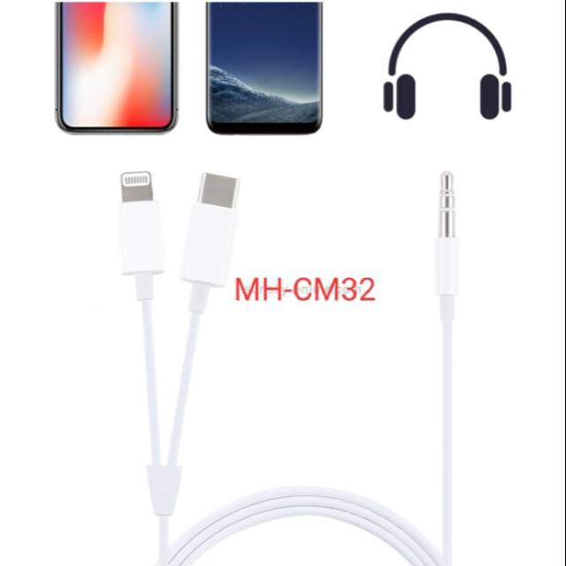 Kabel Audio MH-CM 32 Type C &amp; Lightning 3in1 Adaptor Audio 3.5mm To Type C &amp; Lightning