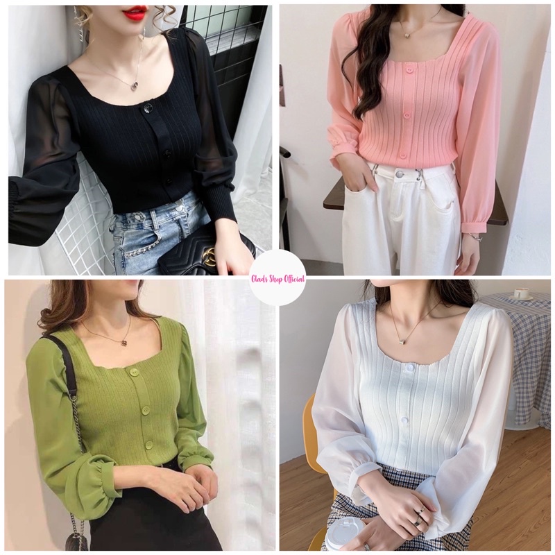 BL826 • Atasan Blouse Rajut Import • Korean Sifon Long Sleeve • Fashion Wanita
