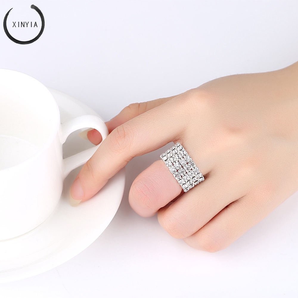 Korea Warna Silver Elastis Zirkon Satu Baris Beberapa Baris Cincin Rhinestones Cincin Elastis