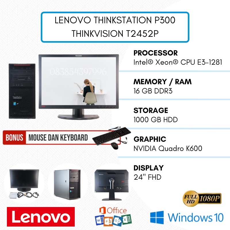 BISA COD ! - PC TERMURAH LENGKAP | LENOVO THINKSTATION P300 - BISA UNTUK SERVER | MONITOR 24&quot; FHD | INTEL XEON E3 | RAM 16GB | HDD 1TB | VGA NVIDIA QUADRO | WINDOWS 10 ORIGINAL | BONUS MOUSE &amp; KEYBOARD - TEKNO KITA