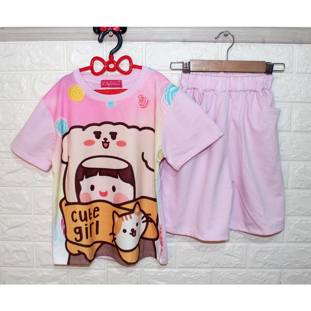 St Cute Girl 2in1/Setelan Anak Cewek/Kaos Anak Perempuan 7-9 Thn/Baju Dan Celana Murah Motif