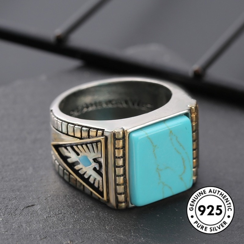 Cincin Lapis Silver S925 Desain Bulu Hias Turquoise Untuk Pria