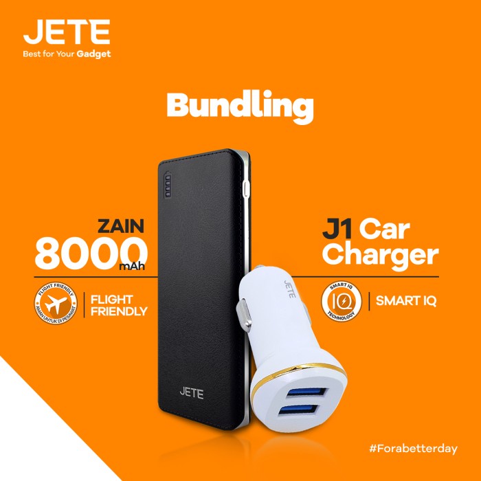 BUNDLING JETE POWERBANK ZAIN 8000MaH + CAR CHARGER J1 Garansi Resmi