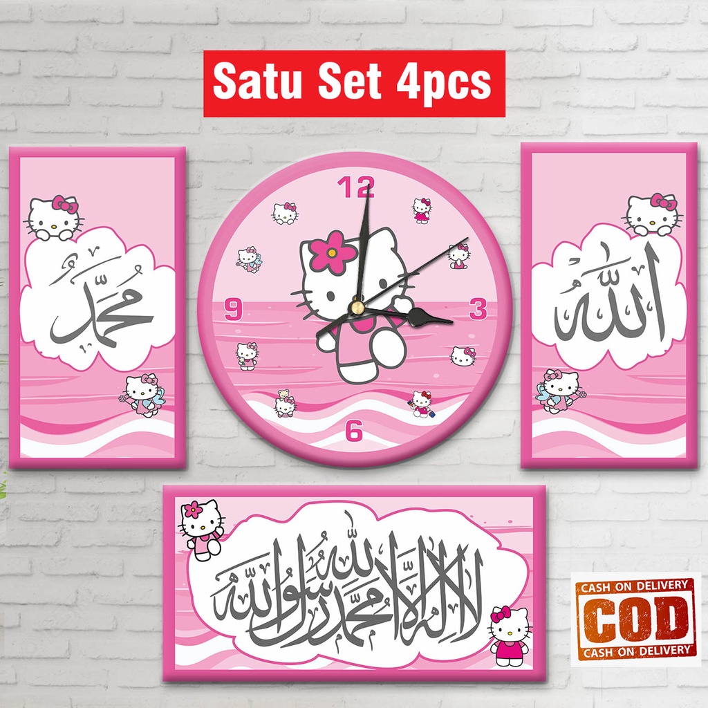 JAM DINDING HELLO KITTY SET KALIGRAFI 4PCS / HIASAN RUMAH KARAKTER LUCU