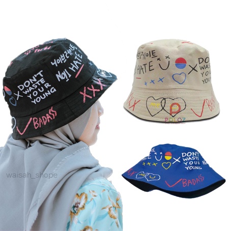 Jual Topi Bucket Hat Korea Laki Cewe Motif Sablon Badass Topi Bucket ...