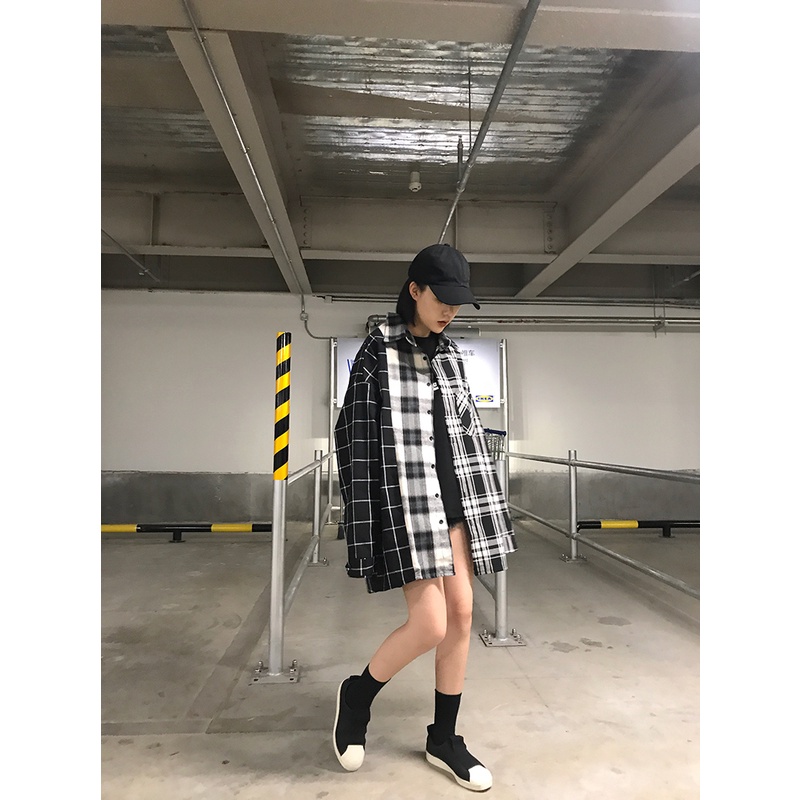 [chaoo.id]Mantel mid-length hitam dan putih colorblock kemeja kotak-kotak Korea