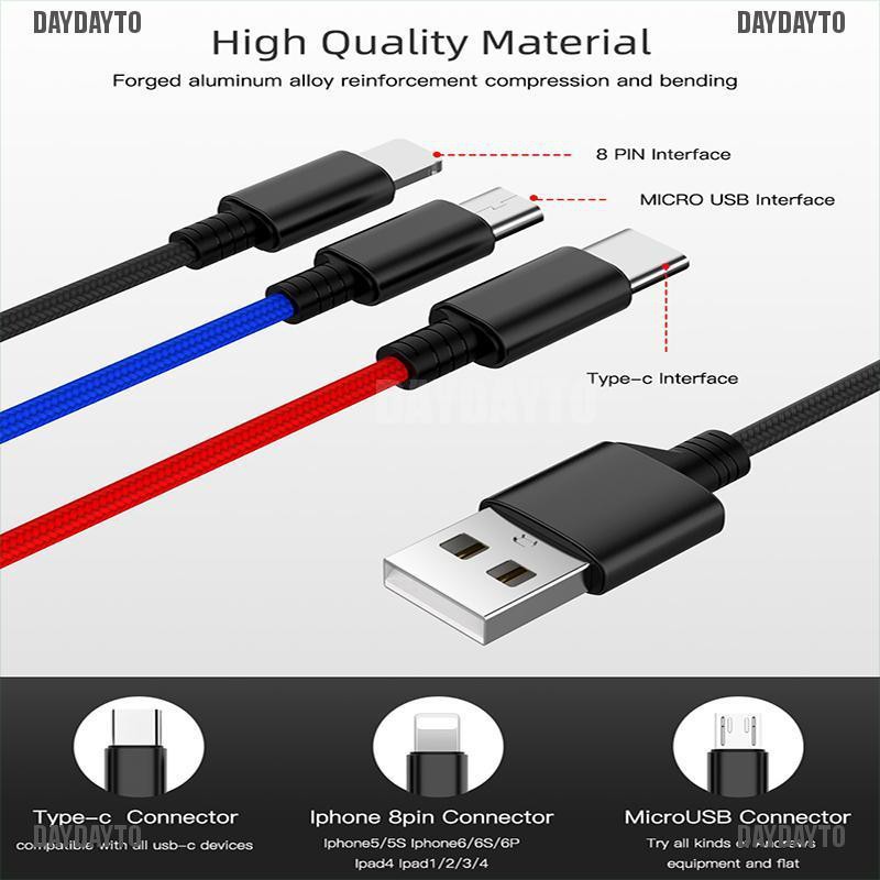 (DAYDAYTO) 3in1 Kabel Data / Charger Micro USB / Type C / Lightning 8 Pin Untuk Smartphone