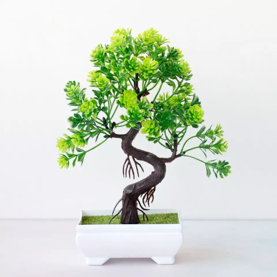 Artificial Flower Pot Bunga Plastik Pot Bunga Hiasan Pohon Buatan Dekorasi Rumah Motif Bonsai Hongyu-Green