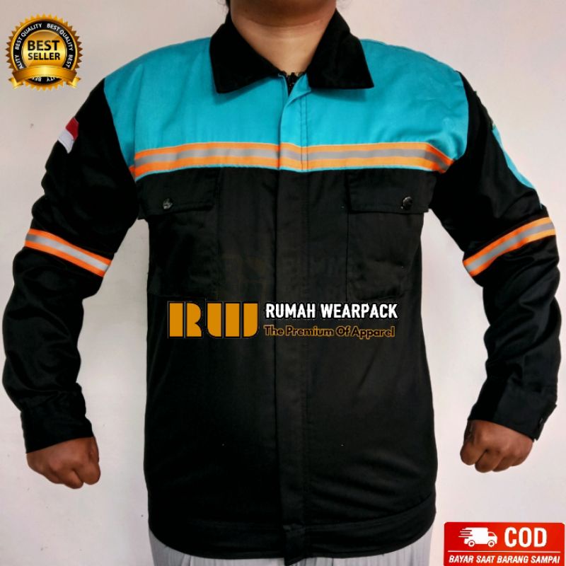 Baju Kerja/ Wearpack Kerja Atasan Hitam Kombinasi Biru Telur Bebek