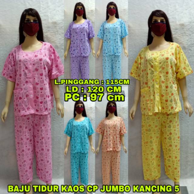baju tidur wanita dewasa Piyama Kaos CP Jumbo Full Kancing Bahan Tebal 'Acak' NB 24