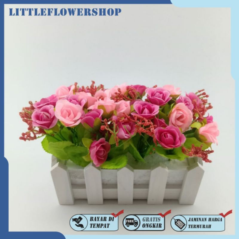BUNGA PAGAR PUTIH VAS KAYU BENTUK PAGAR BUNGA MEJA BUNGA HIAS BUNGA PLASTIK BP8822-Rose