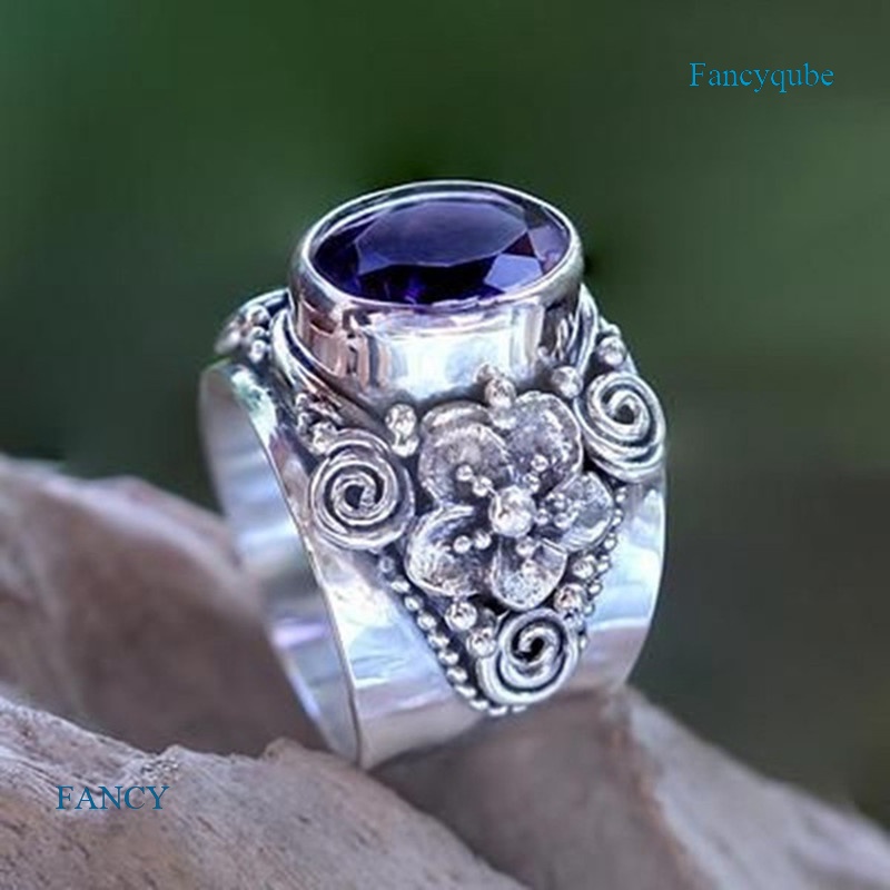 Cincin Sterling Silver 925 Gaya Vintage Dengan Ukiran Bunga + Batu Amethyst Alami Untuk Wanita