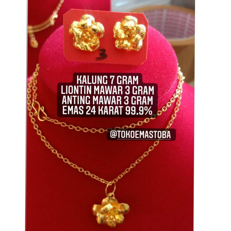 acc set Kalung dan anting mawar emas london 24 karat emas toba 13gram