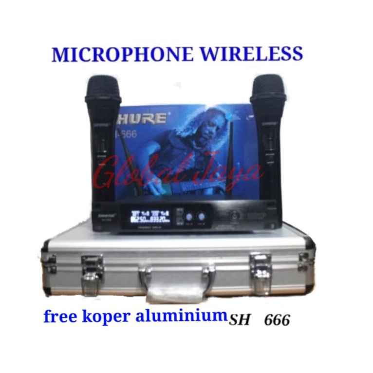 mic wireless shure SH666 free koper aluminium double mic handle shure SH 666 wireless microphone good quality body besi karaoke ktv pidato FREE BUBBLE WRAP mic tanpa kabel