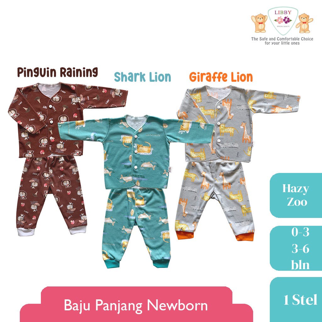 LIBBY Setelan Baju Panjang Newborn Motif Hazy Zoo