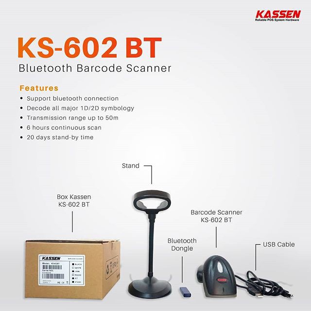 Kassen KS-602 BT - 2D Bluetooth Wireless Barcode Scanner