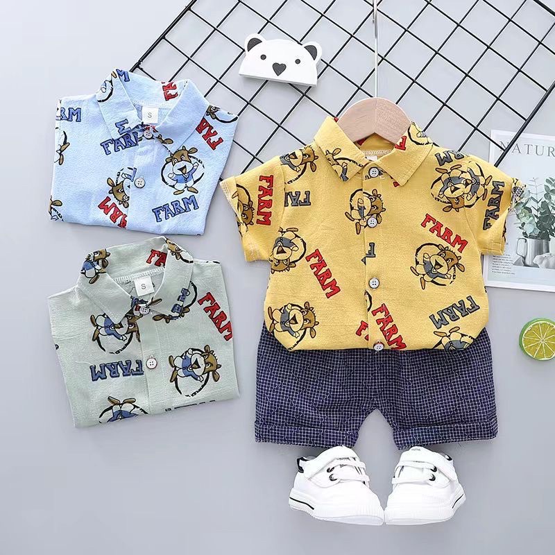 DinoDino BAJU KEMEJA SETELAN ANAK COWOK MOTIF FARM COW SAPI PAKAIAN KERAH SHANGHAI CIANGI BAYI LAKI-