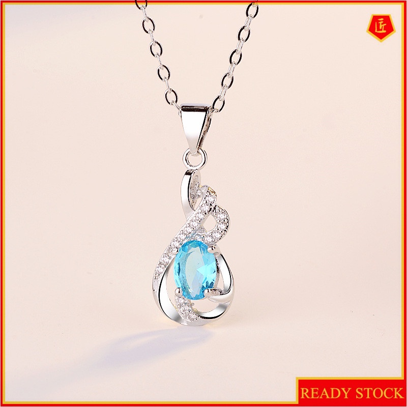 [Ready Stock]Fashion New Simple Sky Blue Crystal Necklace Heart-Shaped Pendant