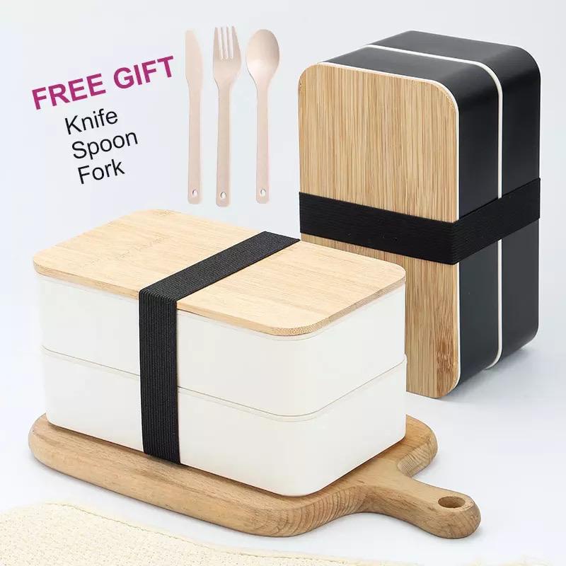 tempat kotak bekal makanan bamboo bento lunch box free sendok garpu pisau / box makan tutup bambu japanese style