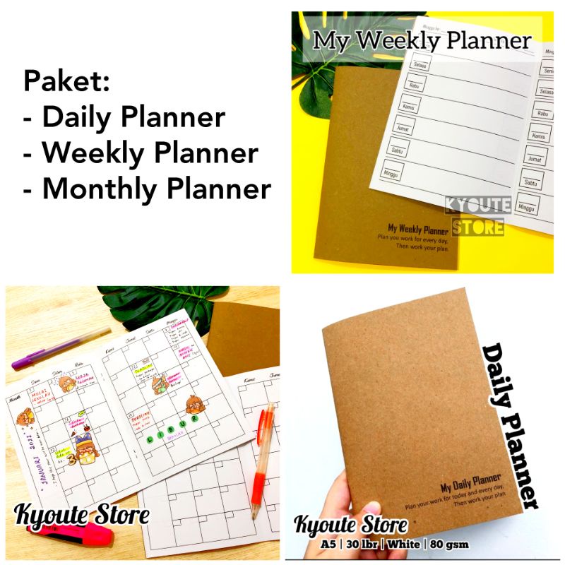 

Paket 3 Buku Simple Planner Daily Weekly Monthly Kyoute Agenda Rencana