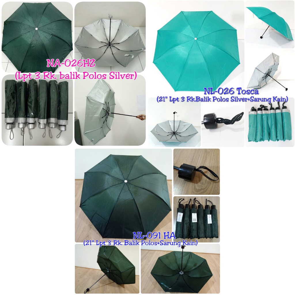 Payung Lipat 3 Rk.Balik Polos Anti UV Premium + Sarung kain / NAGOYA NL-026