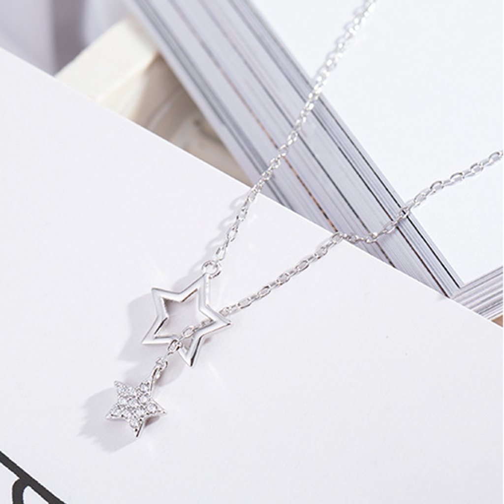 Hu Hu Hu Hu Hu Alat Bantu Pasang Kacamata♡ Kalung Rantai Pendek Lapis Silver Anti Karat Desain Bintang Ganda Untuk Harian