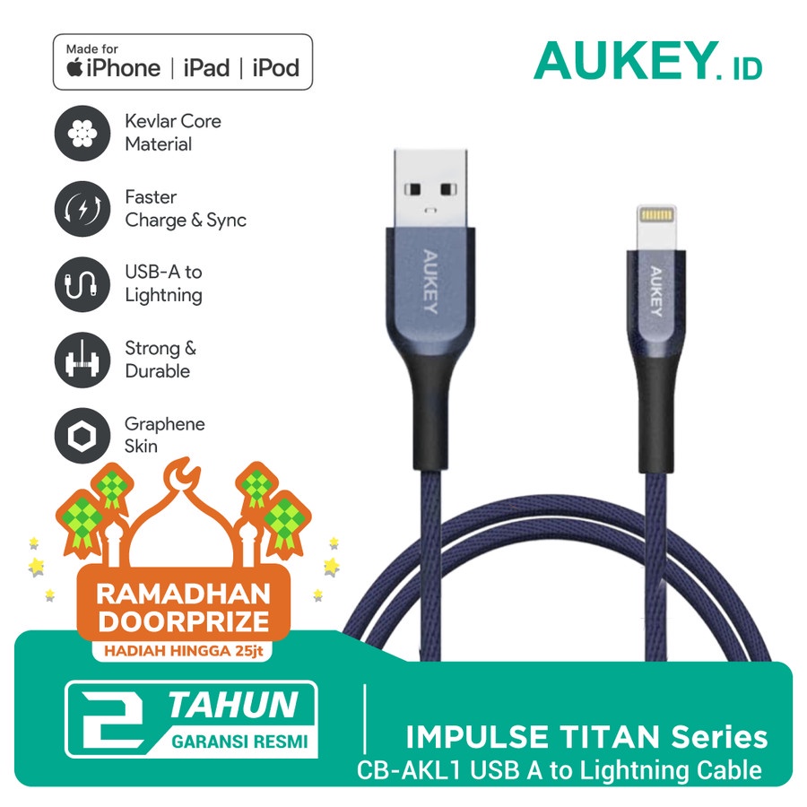 Aukey Cable CB-AKL1 MFI USB A To Lightning Kevlar 1.2 M Blue - 500421