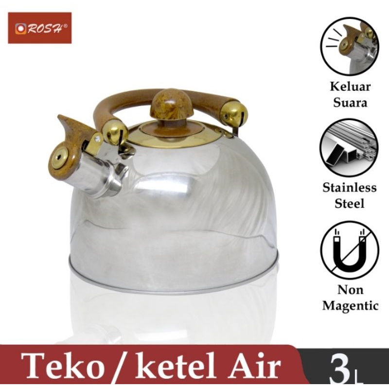 ROSH Teko / Ketel / Ceret 3 Liter Whistling Kettle Wooden Siul Stainless Steel Non Magnetic Anti Kar