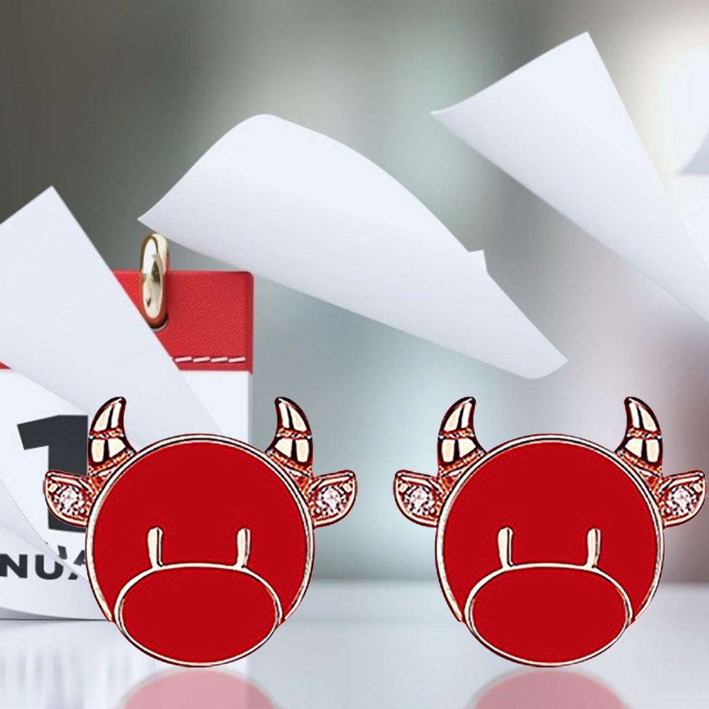 Hu Hu Hu Hu Hu Alat Bantu Pasang Kacamata♡ 1 Pasang Anting Stud Desain Sapi Warna Merah Gaya China Untuk Wanita
