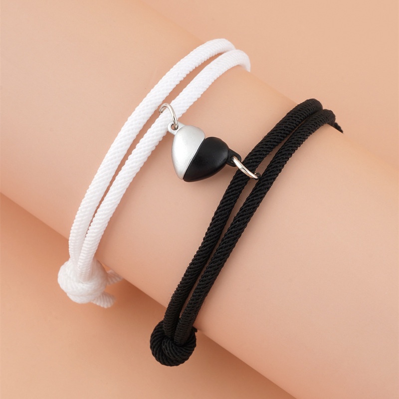 AZ194 [Cod][Ready Stock]2pcs Set Gelang Tali Magnet Pria Wanita Teman Pasangan Gadis Hitam | Gaya Hati Black Couple Bracelet