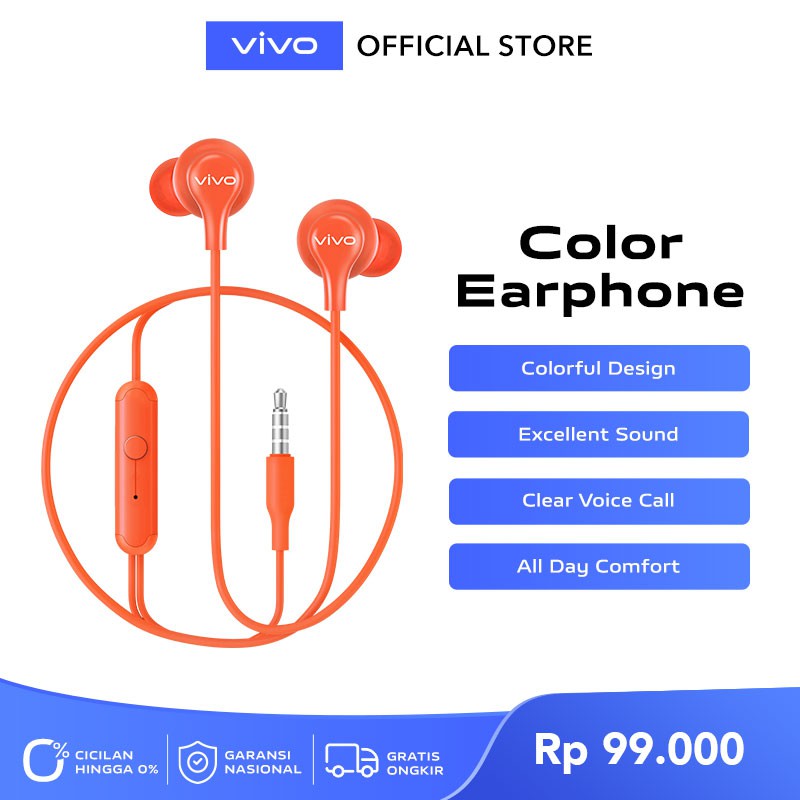 vivo Color Earphone Original [Suara HD Berkualitas, Suara Telpon Jernih] - Garansi Resmi 6 Bulan-Red