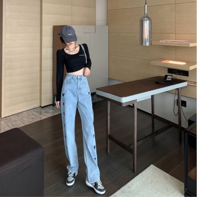 New kekinian love biru high waist murah boyfriend celana jeans panjang wanita kulot