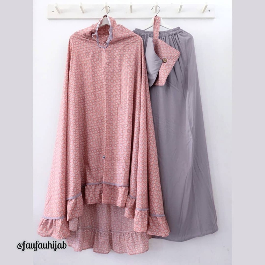 Mukena Faufau butik Rimple pink bata rok abu