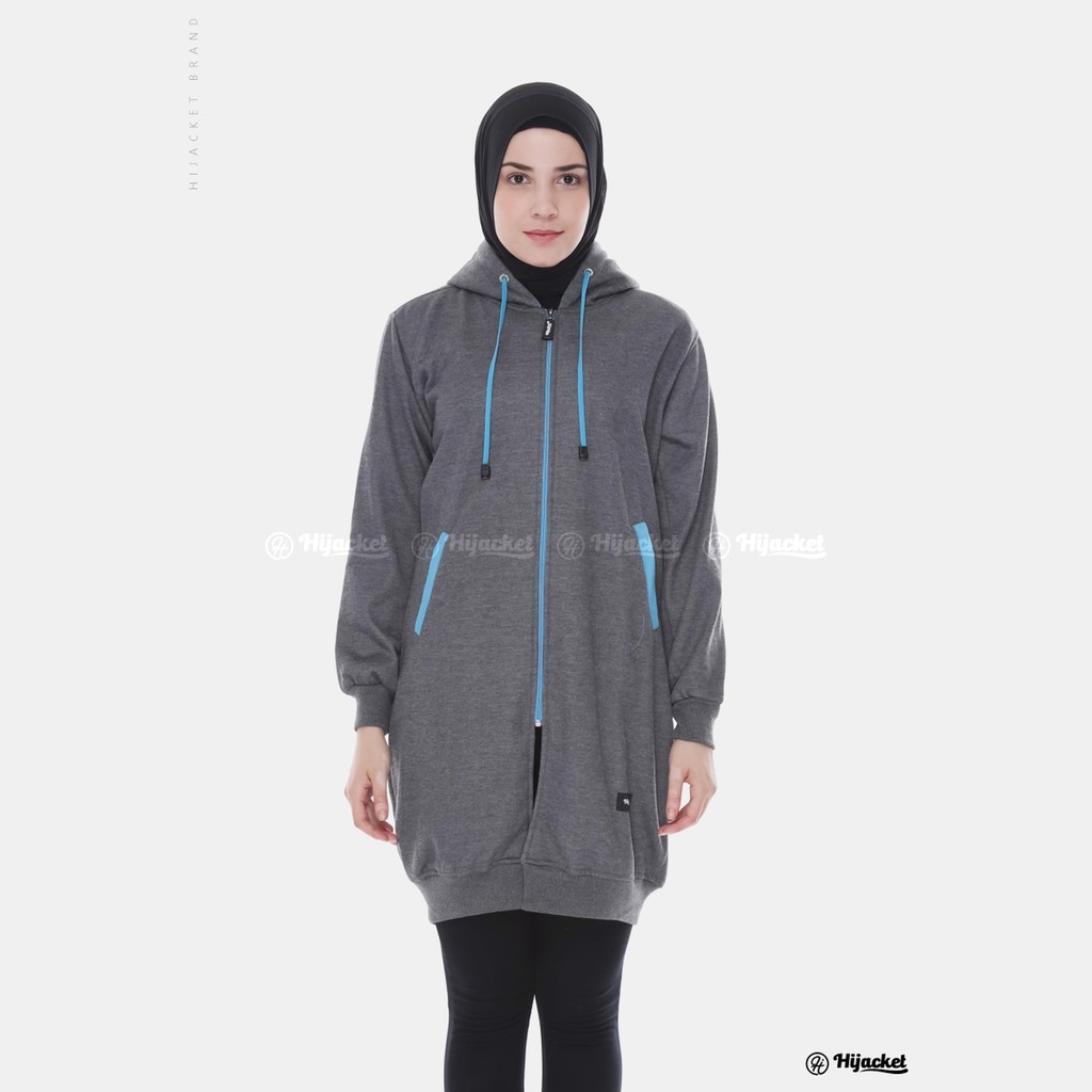 Hijacket Basic jaket hijab wanita Muslim Syari panjang polos tebal (COD bayar di rumah)-HJ5 Dark grey x Biru