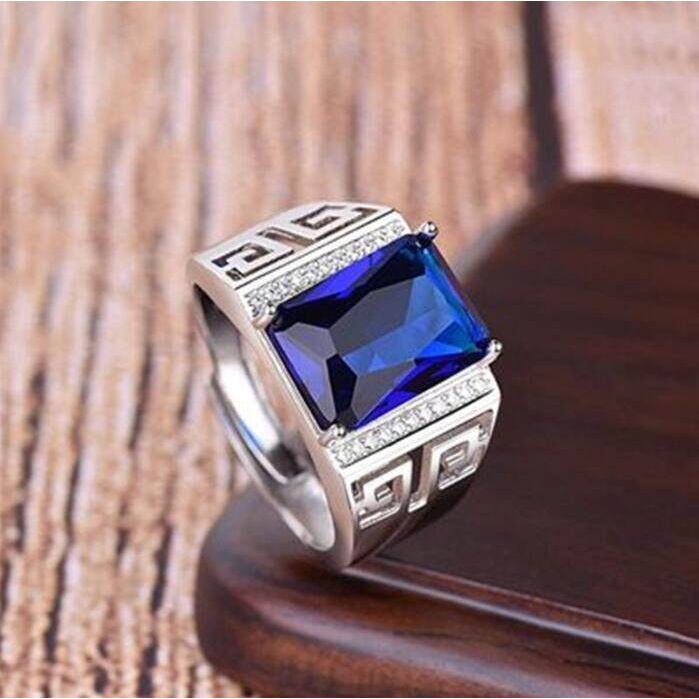 Cincin Zircon Biru Model Hollow Gaya Retro Untuk Pria