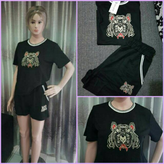 One set shirt shorts atasan kaos hitam celana pendek sporty katun santai fashion wanita korea murah