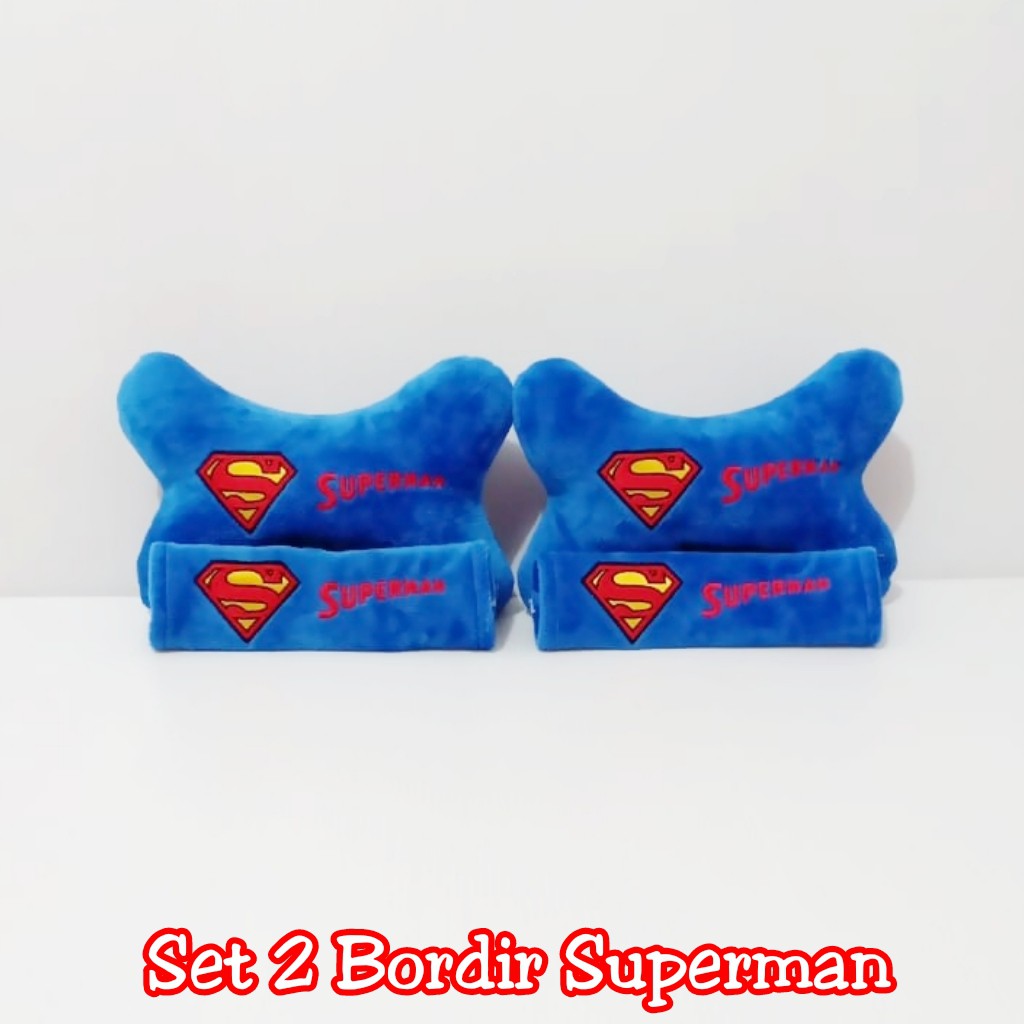 Bantal Mobil Sandaran Penyangga - Pengaman set 2 Bordir Super Hero Superman Biru