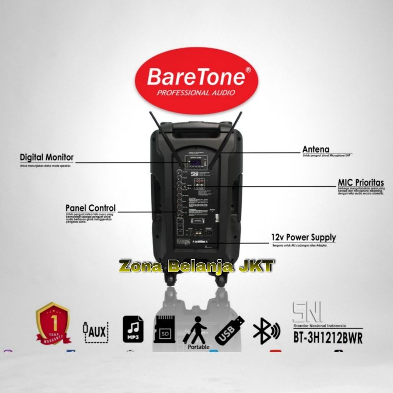 SPEAKER PORTABLE BARETONE 12 INCH 3H 1212BWR BLUETOOTH WIRELESS MEETING ORIGINAL