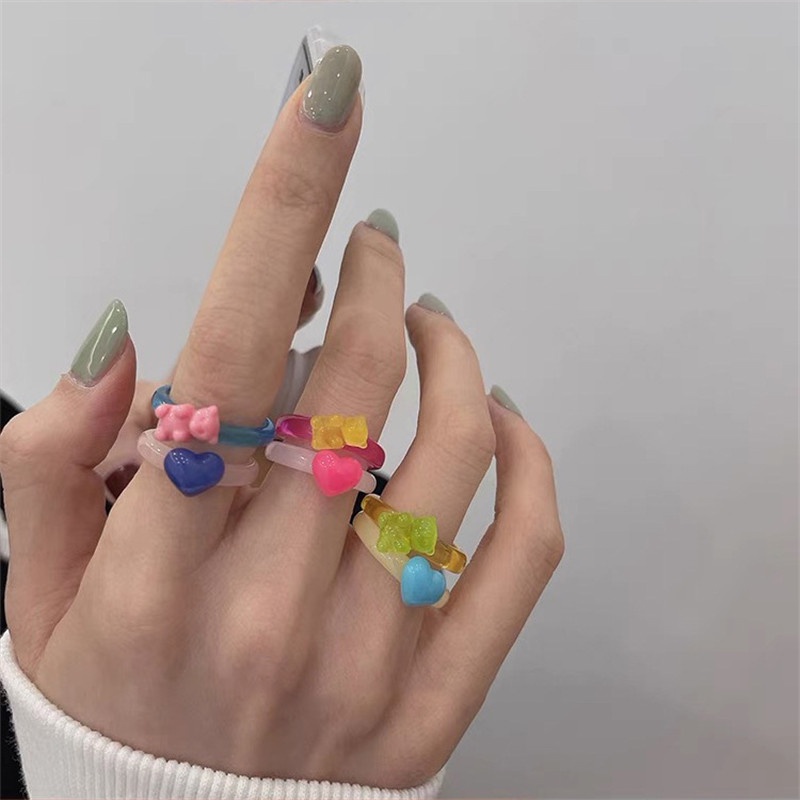 [ACKER] 2Pcs/set Cincin Resin Desain Hati Beruang Kartun Lucu Untuk Wanita