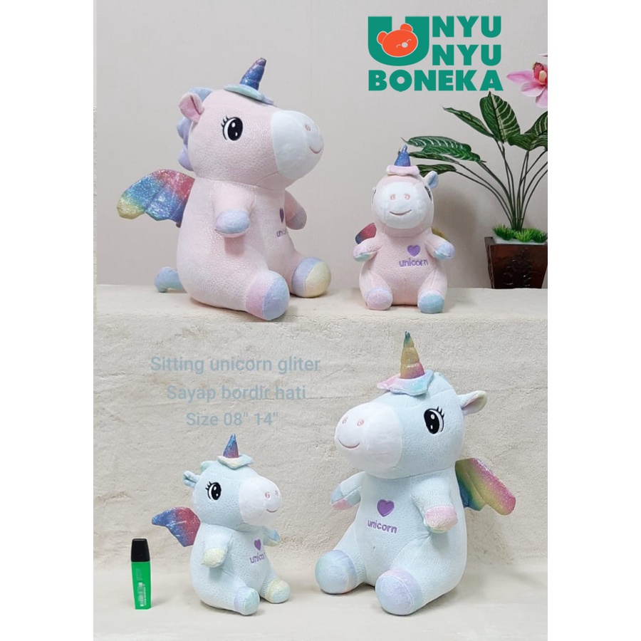 Boneka Sitting Unicorn Gliter Sayap Hati Size 22cm/35cm/kudaterbang