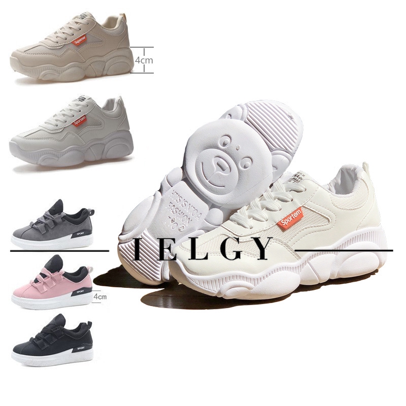 IELGY Sepatu Sneakers Bertali Bahan PU Warna Hitam/Pink 