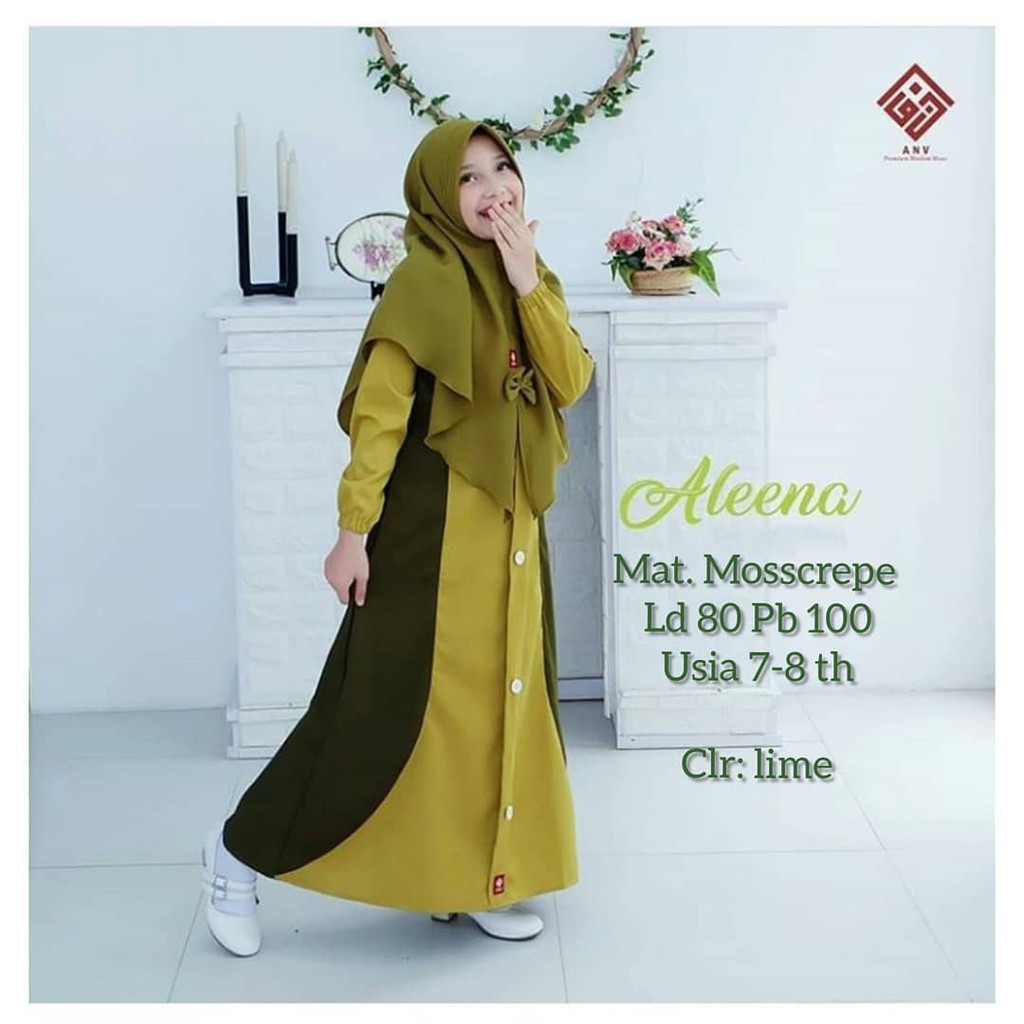 ALEENA SYARI KIDS BO KF MOSSCREPE 7-9 Tahun Gamis Syari Set Hijab Anak Perempuan Gamis Anak Murah