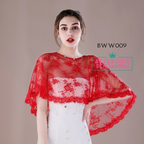 [PRODUK TERBATAS] AKSESORIS WEDDING BROKAT KOREA BOLERO KARDIGAN LACE MERAH BWW009