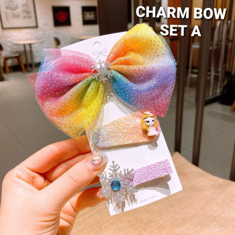 JEPIT RAMBUT ANAK KOREA PRINCESS AURORA / JEPITAN RAMBUT RAINBOW / CHARM BOW SET ISI 3 PCS PINK PITA