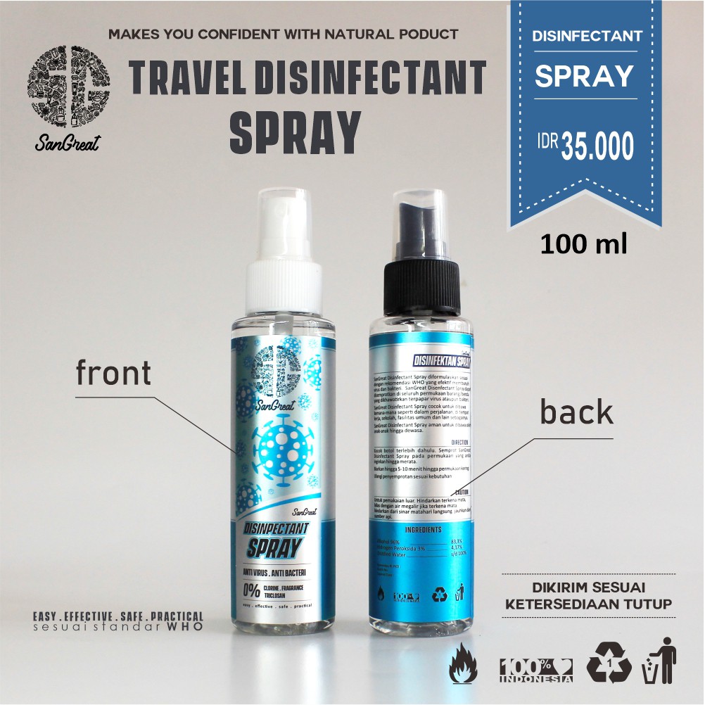 SanGreat Disinfectant Spray Travel Size 100 ml  Anti Virus Anti Bakteri