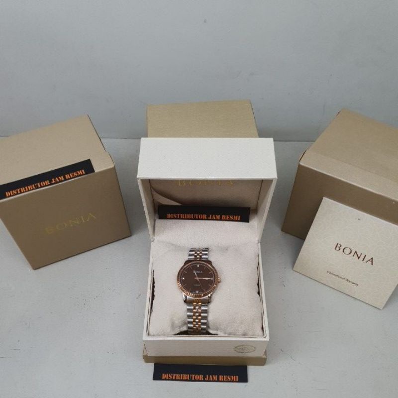 Jam Tangan Pria Bonia Rosso BNB10255-1642 Silver Rose Gold Dial Brown Stainless Quartz