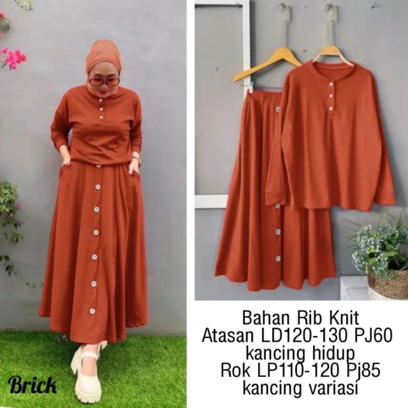 SET ROK, BUTTON, HARUKA, RIB KNIT, GAMIS HIJAB MUSLIM, SETELAN, 3 UKURAN