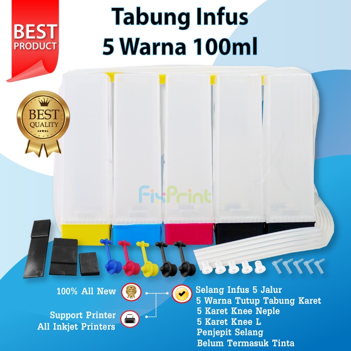 Tabung Infus Sepatu 5 Warna Epson L1300, Epson T1100, Epson T30, Epson TX510, Canon PIXMA IP3680, Canon PIXMA IP468 5 warna 100ml