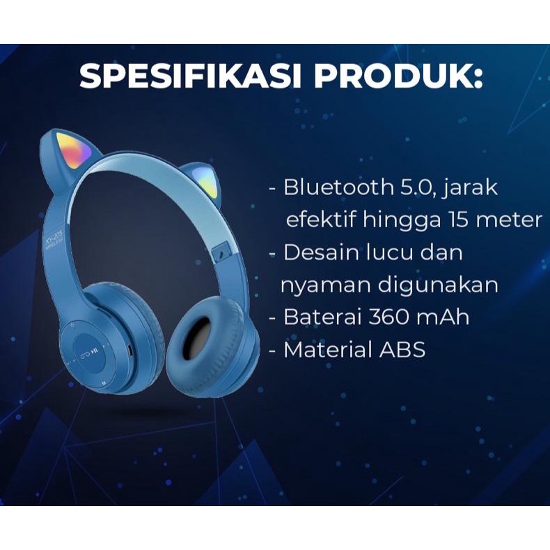 Headset Bluetooth wireless gaming MZ-P47 Cat Ear Headphone Telinga Kucing earphone LED